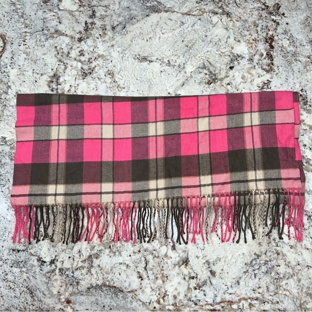 Gap Brown and Pink Very Soft Plaid Shawl Scarf With Fringe Hem - Picture 6 of 8